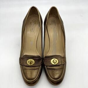 Coach Women's Heel Size 10B Gold Metalic Leather Shoes